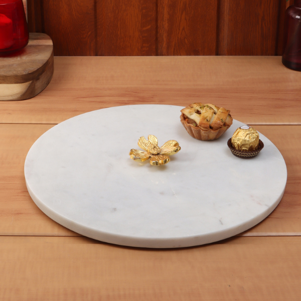 NikkisPride  Marble Platter Round With Gold Foil Work  Plain White Metal Flower  Embedded 